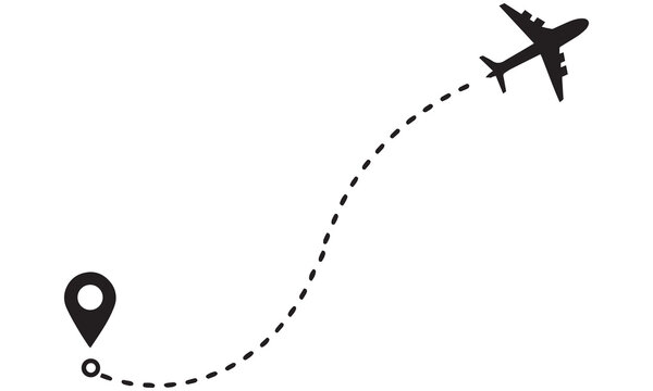  Minimal airplane route icon with a dotted flight path to a map pin. Perfect for travel blogs, itineraries, logistics, aviation and tourism designs.