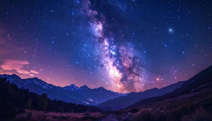 Sweeping vista of purple and blue Milky Way galaxy shines brightly over distant mountains, trees, and landscape