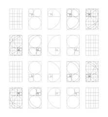 Golden ratio template big set. Fibonacci array, numbers form. Method golden section samples. Golden Spiral. Harmony proportions simple black frames. Outline graphic thin printable flat illustration.
