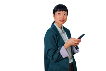 Asian businesswoman using smartphone with transparent background, looking away thinking, distracted from work