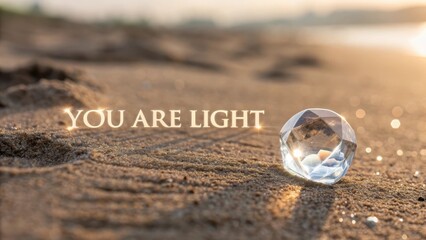 Glowing Crystal Reflecting Light on Sandy Surface with Words