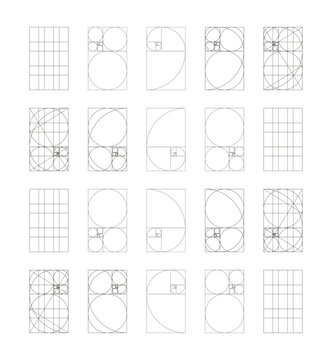 Golden ratio template big set. Fibonacci array, numbers form. Method golden section samples. Golden Spiral. Harmony proportions simple black frames. Outline graphic thin printable flat illustration.