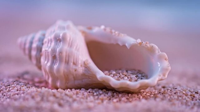 A textured conch seashell, partially filled with fine sand, lies on a soft pink beach.