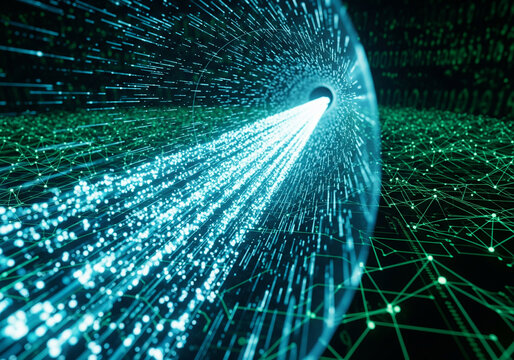 Futuristic technology concept abstract representation of data flow and connectivity, with glowing lines and a digital network on a holographic globe