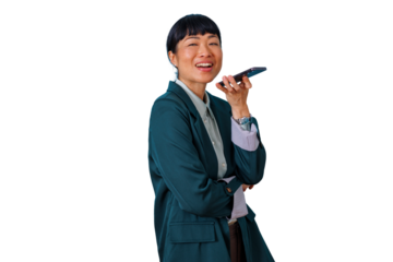 Asian businesswoman communicating on mobile phone, recording or sending a cheerful voice message, transparent background