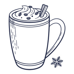 Hand drawn coffee latte with cinnamon stick