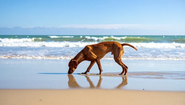 Tan dog sniffing the wet sand on a beach with ocean waves under a clear blue sky - Powered by Adobe