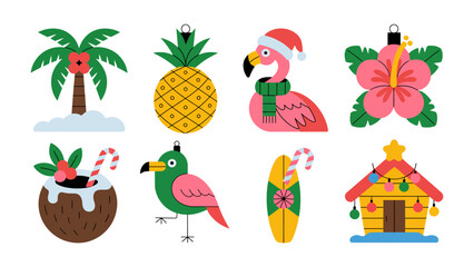 Tropical Christmas: Delightful and whimsical, this illustration presents a unique fusion of the holiday spirit with tropical elements. A cheerful flamingo, along with coconut and surfboard.