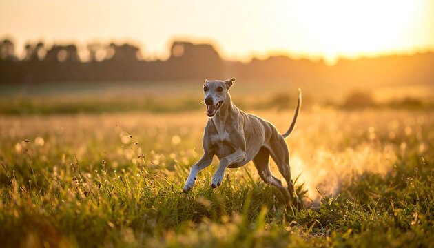 Tan dog sprints in grassy field at golden hour, backlit with blurred trees and sky in the background - Powered by Adobe