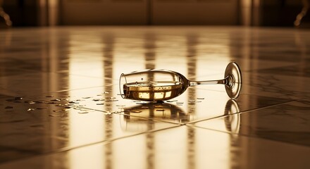 Overturned glass with champagne and scattered confetti on marble floor
