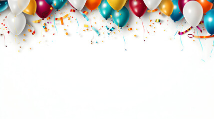 Balloons and confetti frame a white background. Celebratory, bright, and festive for party invitations or product mockups.