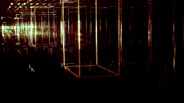 Leuchtende gitterf&ouml;rmige Geometrie f&uuml;r Technologie, Energie, Produktion & Datentransfer &ndash; moderne Architektur, Planung & Sicherheit visualisiert, gr&uuml;n, gelb
