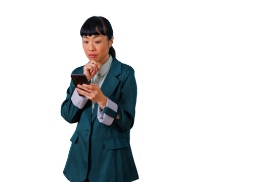 Asian businesswoman thinking and looking at smartphone, experiencing concern and making a decision, transparent background