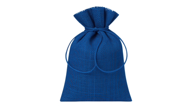 A single vibrant blue fabric drawstring pouch with a textured surface standing upright isolated on transparent background