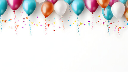 Balloons & Confetti Overlay: Teal, Rose, White, Gold, party decor on a white background. Perfect for party posters, or product promotion.