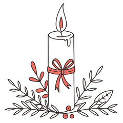 Christmas candle with bow and leaves, holiday decoration