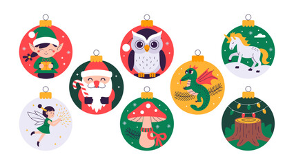 Festive Ornaments of Fantasy and Holiday Cheer: Delightful array of holiday ornaments, each depicting a unique character, creating a sense of joy and whimsy