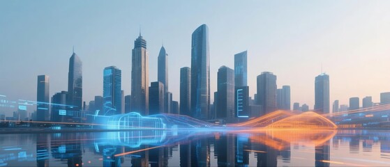 Futuristic city skyline with digital light trails