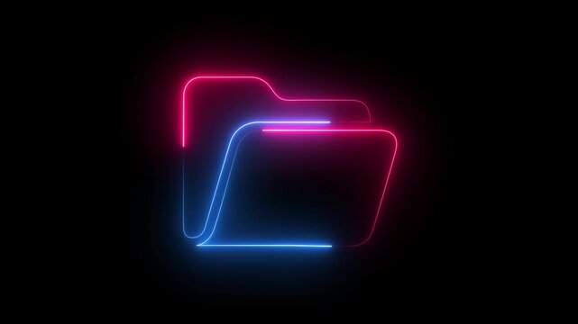 Glowing neon outline of a folder icon with horizontal lines on a black background. 4k animation.