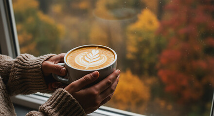 Cozy Autumn Moment with Latte Art by a Rainy Window.