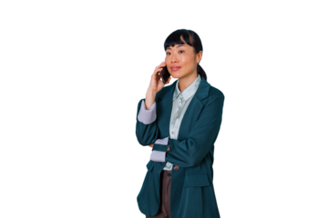 Asian businesswoman talking on smart phone, communicating with client, standing confidently on transparent background