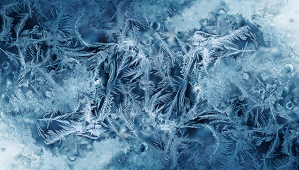 Obraz premium Abstract Blue And White Frost Patterns On A Frozen Surface With Intricate Crystal Formations Close Up Detailed Macro Shot