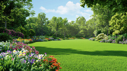 Obraz premium Lush garden landscape featuring vibrant flowers, green grass, and trees under clear blue sky, creating serene and peaceful atmosphere