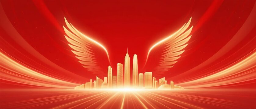 Golden city with wings on red background