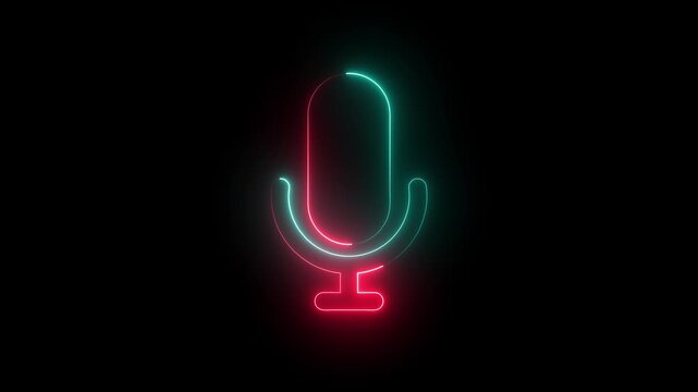 Glowing neon line voice recording and podcast mic microphone button icon animation. Recording podcast microphone icon . Audio microphone icon animation in black background.