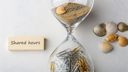 Hourglass filled with sand and paperclips against white backdrop