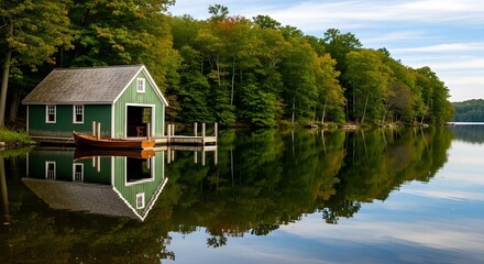 Boathouse on a calm lake with tree reflection.