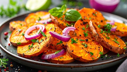 Fototapeta premium Sweet potato slices with red onion rings and herbs, arranged on a dark plate with herbs scattered around