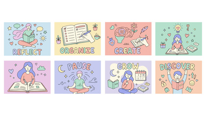 Mental wellness productivity and personal growth concept illustrations in a pastel doodle style