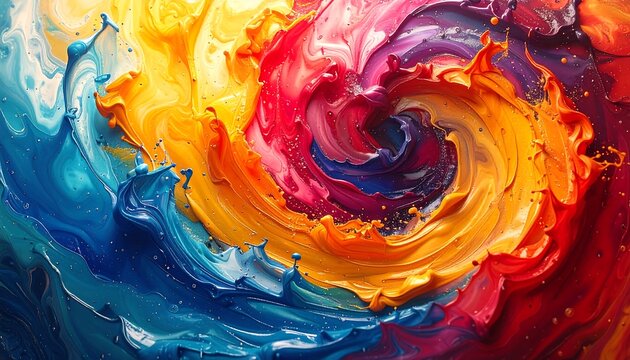Swirling vibrant, abstract paints converge, creating a dynamic, textured, multicolored spectacle of color and form - Powered by Adobe