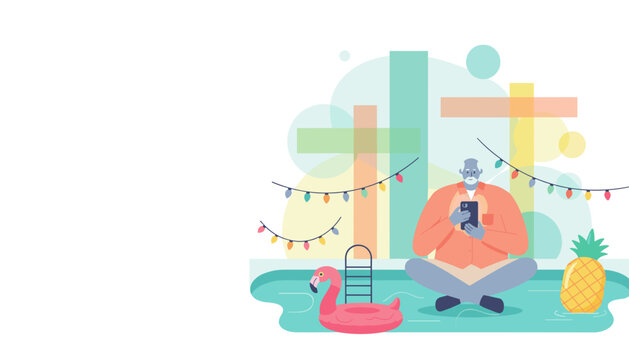Senior man using smartphone by a festive pool with flamingo float and pineapple Summer digital life