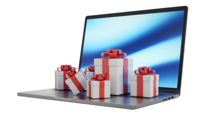 Numerous festive gift boxes with red ribbons and white stripes arranged on an open laptop screen showing a bright blue abstract background isolated on transparent background