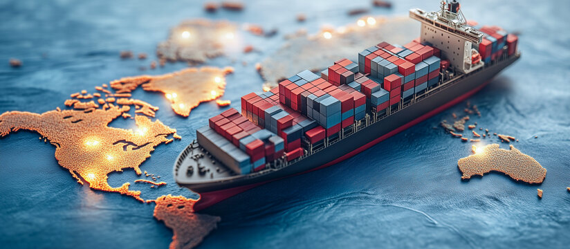 container ship model on world map, import export logistics distribution transportation business concept background.