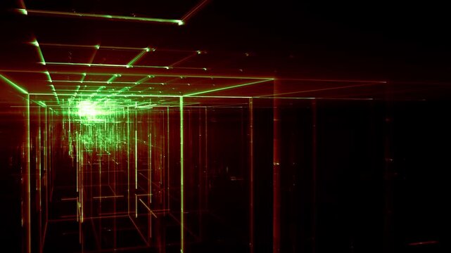 Leuchtende gitterf&ouml;rmige Geometrie f&uuml;r Technologie, Energie, Produktion & Datentransfer &ndash; moderne Architektur, Planung & Sicherheit visualisiert, gr&uuml;n, gelb
