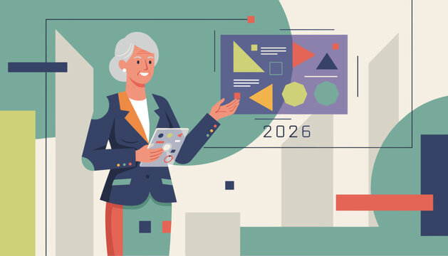 Senior business leader presents the 2026 strategy plan using modern digital tools