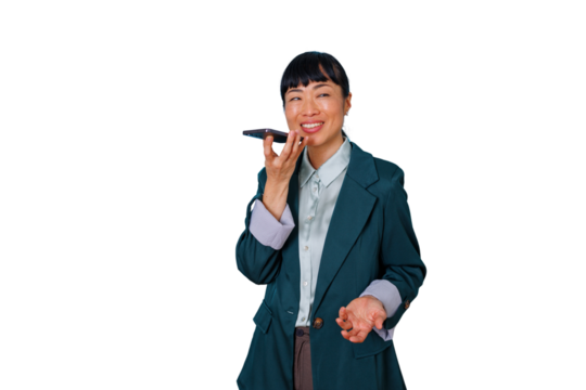 Asian businesswoman using mobile phone for talking, sending voice message, smiling on transparent background
