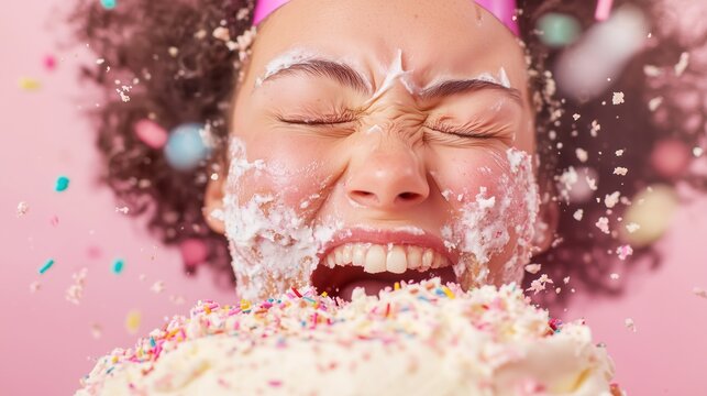Close up of a joyful woman with curly hair smashing her face into a colorful birthday cake, surrounded by sprinkles and festive decorations, capturing a playful celebration moment