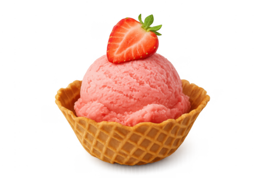 Strawberry ice cream scoop in waffle bowl with transparent background