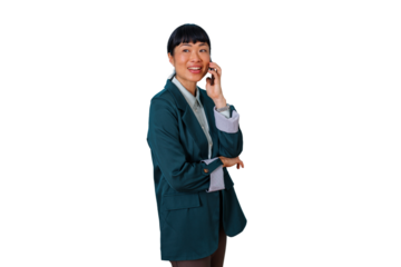 Asian businesswoman communicating on phone, smiling and looking away, blazer, professional interaction, transparent background