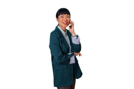 Asian businesswoman communicating on phone, smiling and looking away, blazer, professional interaction, transparent background