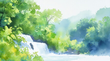 Watercolor landscape featuring serene waterfall surrounded by lush greenery, evoking sense of tranquility and natural beauty