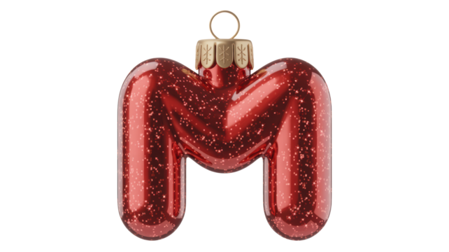 Shiny red letter m christmas ornament with glitter inside hanging from a gold loop isolated on transparent background