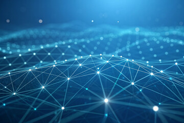 Futuristic digital wave network with glowing nodes and abstract data flow showing communication, AI systems, and advanced technological innovation.
