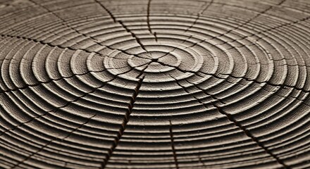 Obraz premium Closeup of weathered tree trunk crosssection showing distinct growth rings and radial cracks