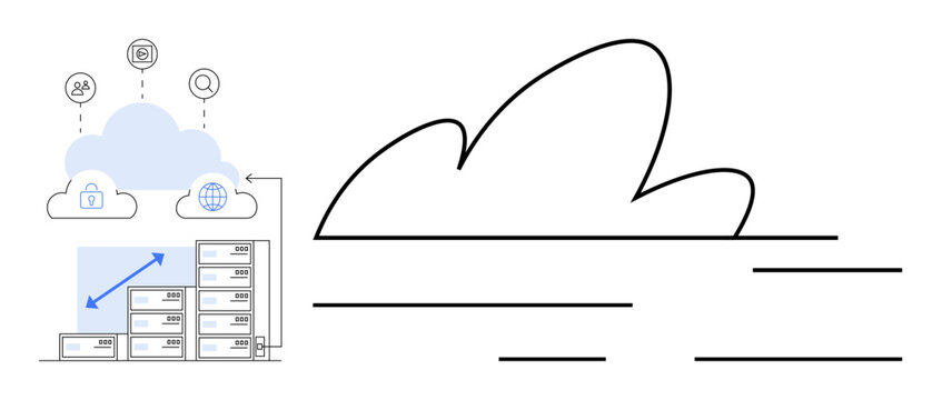 Cloud hosting connected with technology icons above servers and growth arrow. Ideal for data management, scalability, online storage, networking, innovation, tech solutions, simple flat metaphor