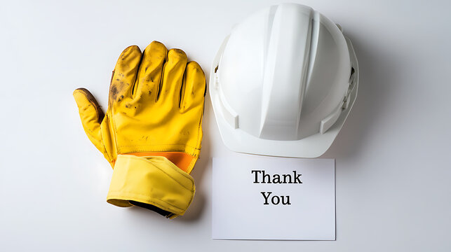 Construction gratitude: hard hat, work glove, and 'thank you' note on a plain background, symbolizing appreciation for workers and their essential role in building and maintaining infrastructure.